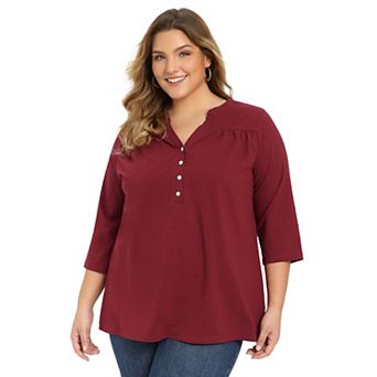 Plus Size Blouse for Women 3/4 Sleeve Casual Blouses Notch Neck Pleated Button Front Shirts Tops