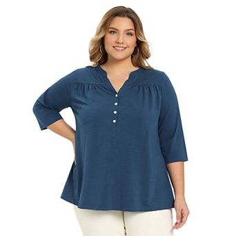 Plus Size Blouse for Women 3/4 Sleeve Casual Blouses Notch Neck Pleated Button Front Shirts Tops