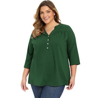 Plus Size Blouse for Women 3/4 Sleeve Casual Blouses Notch Neck Pleated Button Front Shirts Tops