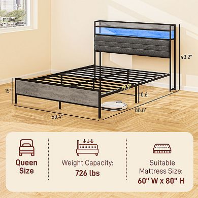 HOMCOM LED Queen Bed Frame with Headboard Charging Station