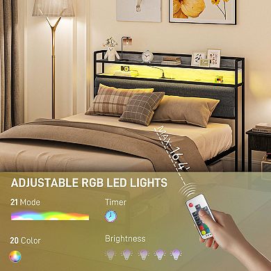 HOMCOM LED Queen Bed Frame with Headboard Charging Station