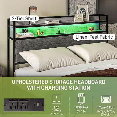 HOMCOM LED Queen Bed Frame with Headboard Charging Station