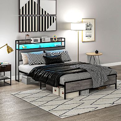 HOMCOM LED Queen Bed Frame with Headboard Charging Station