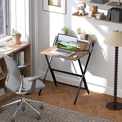 HOMCOM Small Folding Desk Foldable Computer Desk with Monitor Shelf