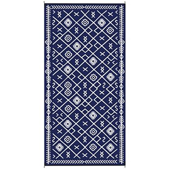 Outsunny Outdoor Rug, 9ft x 18ft Floor Mat, Blue White Rhombus