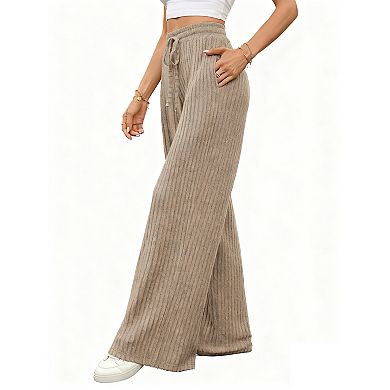 Womens Ribbed Knit Drawstring Waist Casual Elastic Waistband Wide Leg Long Pants