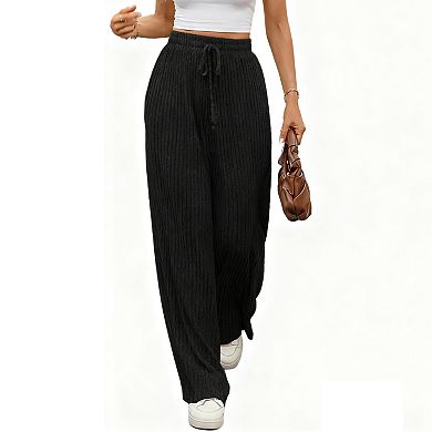 Womens Ribbed Knit Drawstring Waist Casual Elastic Waistband Wide Leg Long Pants