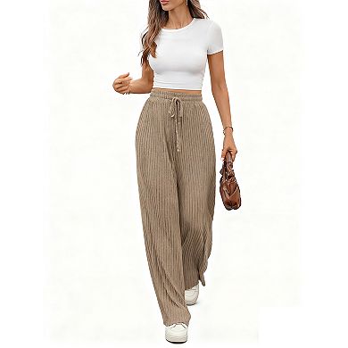 Womens Ribbed Knit Drawstring Waist Casual Elastic Waistband Wide Leg Long Pants