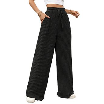 Womens Ribbed Knit Drawstring Waist Casual Elastic Waistband Wide Leg Long Pants