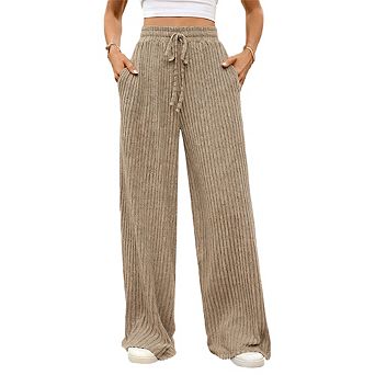 Womens Ribbed Knit Drawstring Waist Casual Elastic Waistband Wide Leg Long Pants