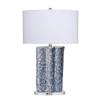 Flix Accent Table Lamp, 28 Inch, White Linen, Blue Scalloped Ceramic