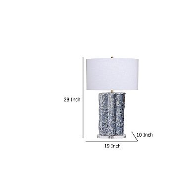 Flix Accent Table Lamp, 28 Inch, White Linen, Blue Scalloped Ceramic