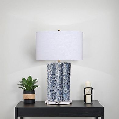 Flix Accent Table Lamp, 28 Inch, White Linen, Blue Scalloped Ceramic