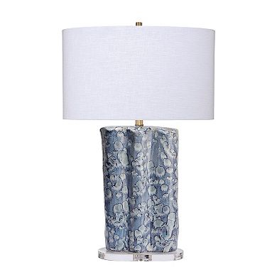 Flix Accent Table Lamp, 28 Inch, White Linen, Blue Scalloped Ceramic