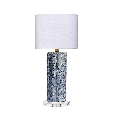 Flix Accent Table Lamp, 23 Inch, White Linen, Blue Scalloped Ceramic