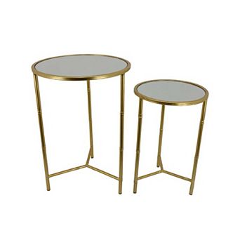 Modern Plant Stand Table Set of 2, Round Mirror Top, Gold Metal Base
