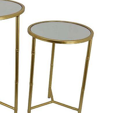 Modern Plant Stand Table Set of 2, Round Mirror Top, Gold Metal Base