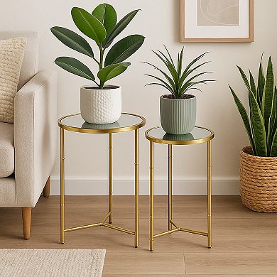 Modern Plant Stand Table Set of 2, Round Mirror Top, Gold Metal Base