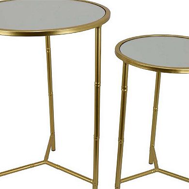 Modern Plant Stand Table Set of 2, Round Mirror Top, Gold Metal Base