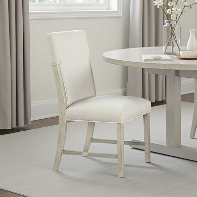 Hagy Side Dining Chair Set of 2, Natural Brown Solid Wood, Soft White Fabric