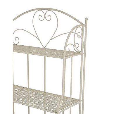 Modern Plant Stand with 3 Tier Shelves, Scrolled Floral White Metal