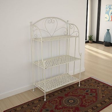 Modern Plant Stand with 3 Tier Shelves, Scrolled Floral White Metal
