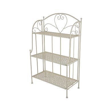 Modern Plant Stand with 3 Tier Shelves, Scrolled Floral White Metal