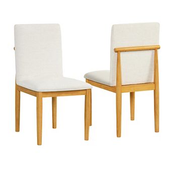 Side Dining Chair Set of 2, Solid Wood, Cream Textured Woven Fabric