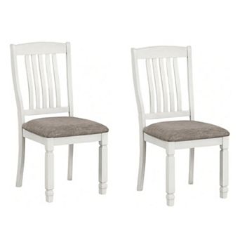 Dola Side Dining Chair Set of 2, Rustic White Wood, Gray Fabric, Slat Back