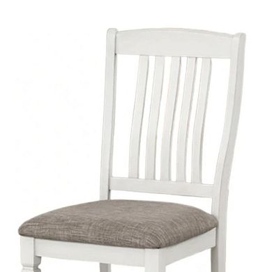 Dola Side Dining Chair Set of 2, Rustic White Wood, Gray Fabric, Slat Back
