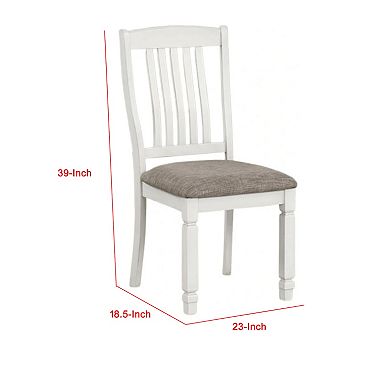 Dola Side Dining Chair Set of 2, Rustic White Wood, Gray Fabric, Slat Back