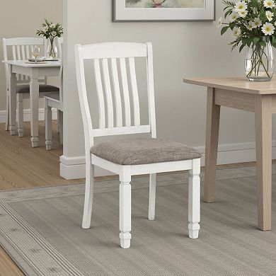 Dola Side Dining Chair Set of 2, Rustic White Wood, Gray Fabric, Slat Back