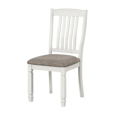 Dola Side Dining Chair Set of 2, Rustic White Wood, Gray Fabric, Slat Back