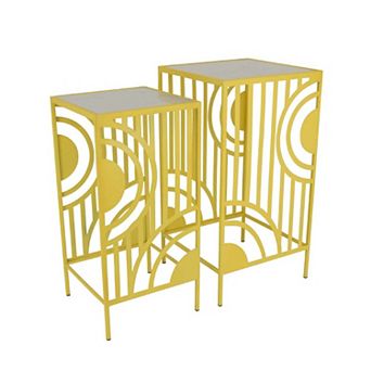 Percy Plant Stand Table Set of 2, Marble Top, Gold Metal 26, 24 Inch