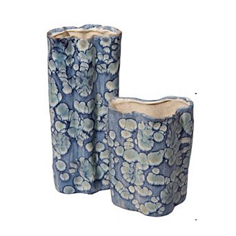 Gipo Decorative Flower Vase Set of 2, Ruffled Body, Blue White Ceramic