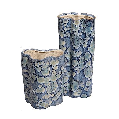 Gipo Decorative Flower Vase Set of 2, Ruffled Body, Blue White Ceramic