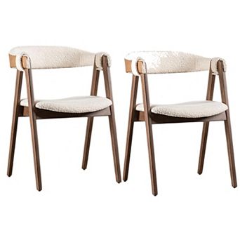 Ebik Side Dining Chair Set of 2, Curve Panel Back, Walnut Brown Wood, Beige Boucle