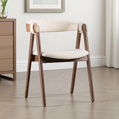 Ebik Side Dining Chair Set of 2, Curve Panel Back, Walnut Brown Wood, Beige Boucle