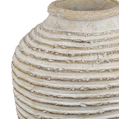 Lezlee Accent Planter, Beige Terracotta, Ridged Textured Urn, 13 Inch