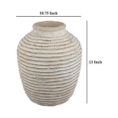 Lezlee Accent Planter, Beige Terracotta, Ridged Textured Urn, 13 Inch