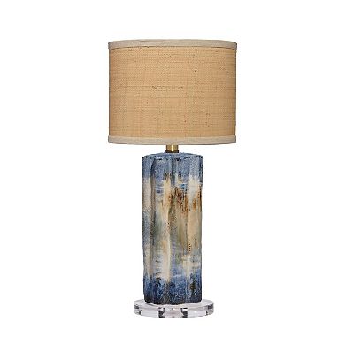 Absy Accent Table Lamp, Brown Oval Raffia Shade, Abstract Blue 23 Inch