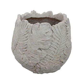 Sicily Accent Planter w Leaf Embossed Surface, Flared Edges Gray Resin