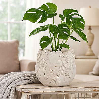 Sicily Accent Planter w Leaf Embossed Surface, Flared Edges Gray Resin
