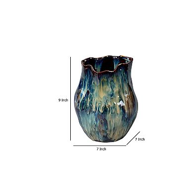 Fera Decorative Flower Vase, Ruffled Edge, 9 Inch Shiny Blue Ceramic