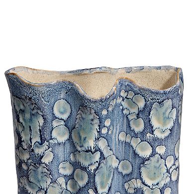 Gipo Decorative Flower Vase, Ruffled Body, 16 Inch Blue White Ceramic