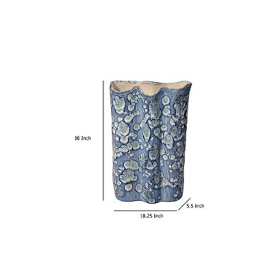 Gipo Decorative Flower Vase, Ruffled Body, 16 Inch Blue White Ceramic