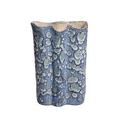Gipo Decorative Flower Vase, Ruffled Body, 16 Inch Blue White Ceramic