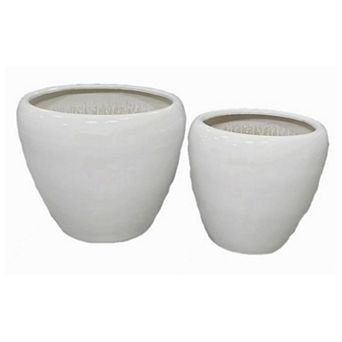 Garden Planter Set of 2, Modern Bowl Shaped Flower Pot, White Ceramic