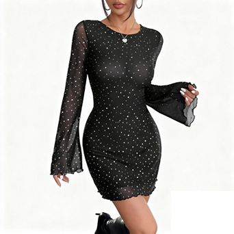 Women's Sequin Mesh Backless Flared Bell Sleeves Bodycon Sparkly Party Mini Dress