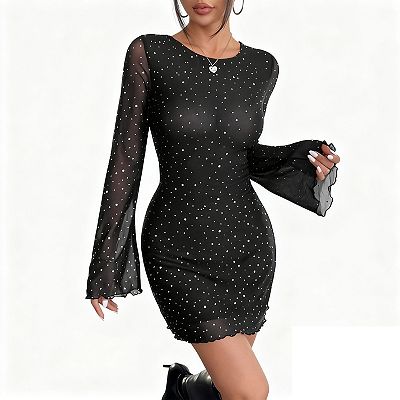 flared sleeve bodycon mini dress Rare London Sequin long flare sleeve Bodycon Mini Dress in Black